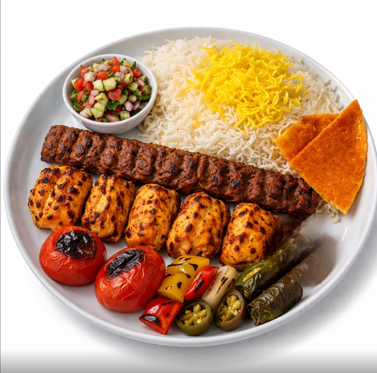 BBQ Combo Kabob Plate #2 چلو کباب وزیری کوبیده و جوجه با مخلوط سبزیجات کبابی