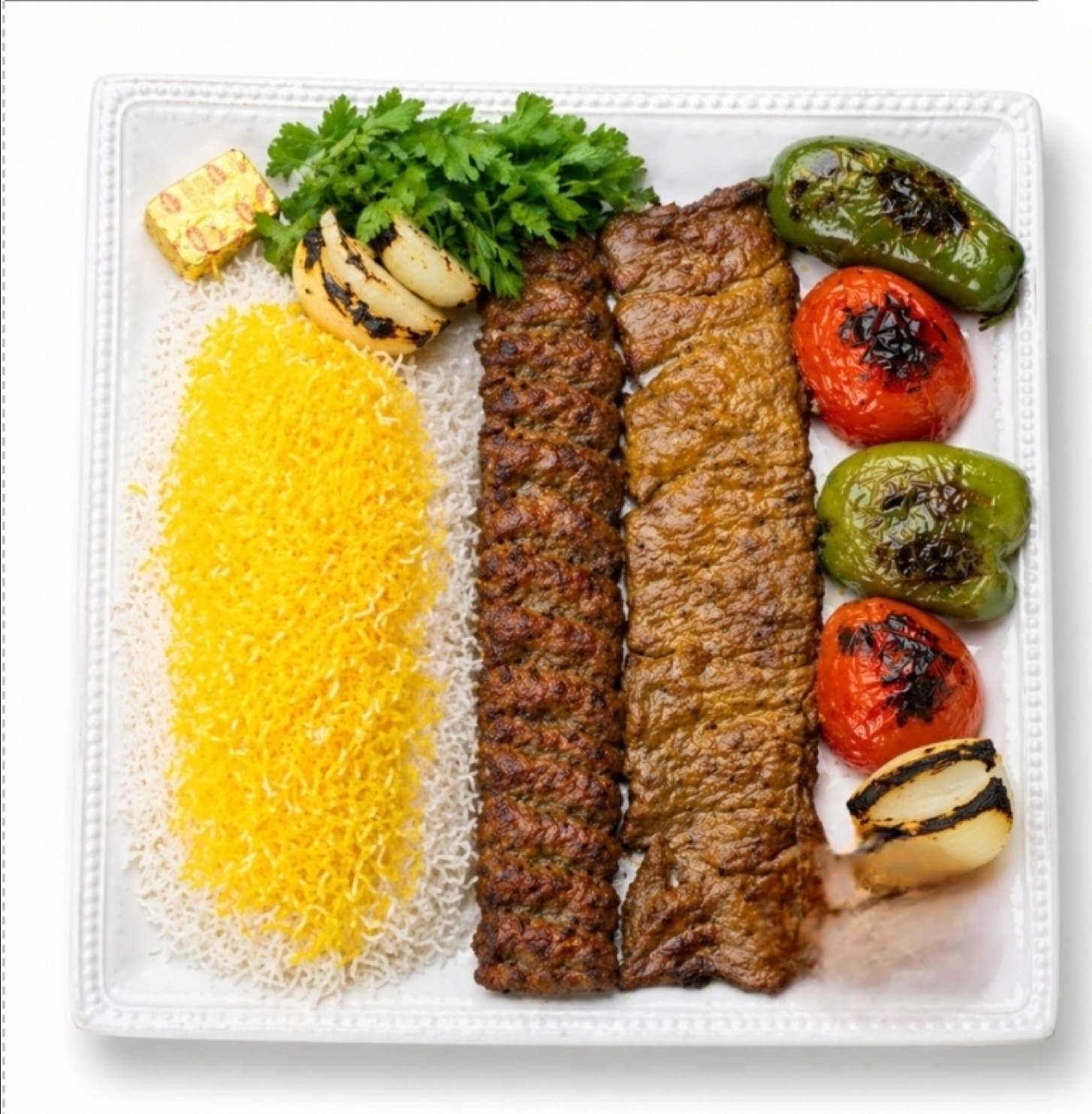 Chelo Kabob Soltani with Mixed Veggies چلو کباب سلطانی و مخلوط سبزیجات کبابی