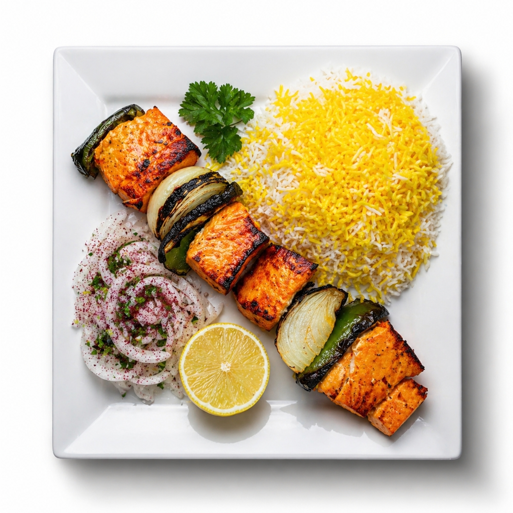 Chelo Salmon Fish with Saffron Rice and Mixed Veggies چلوماهی سالمون و مخلوط سبزیجات کبابی